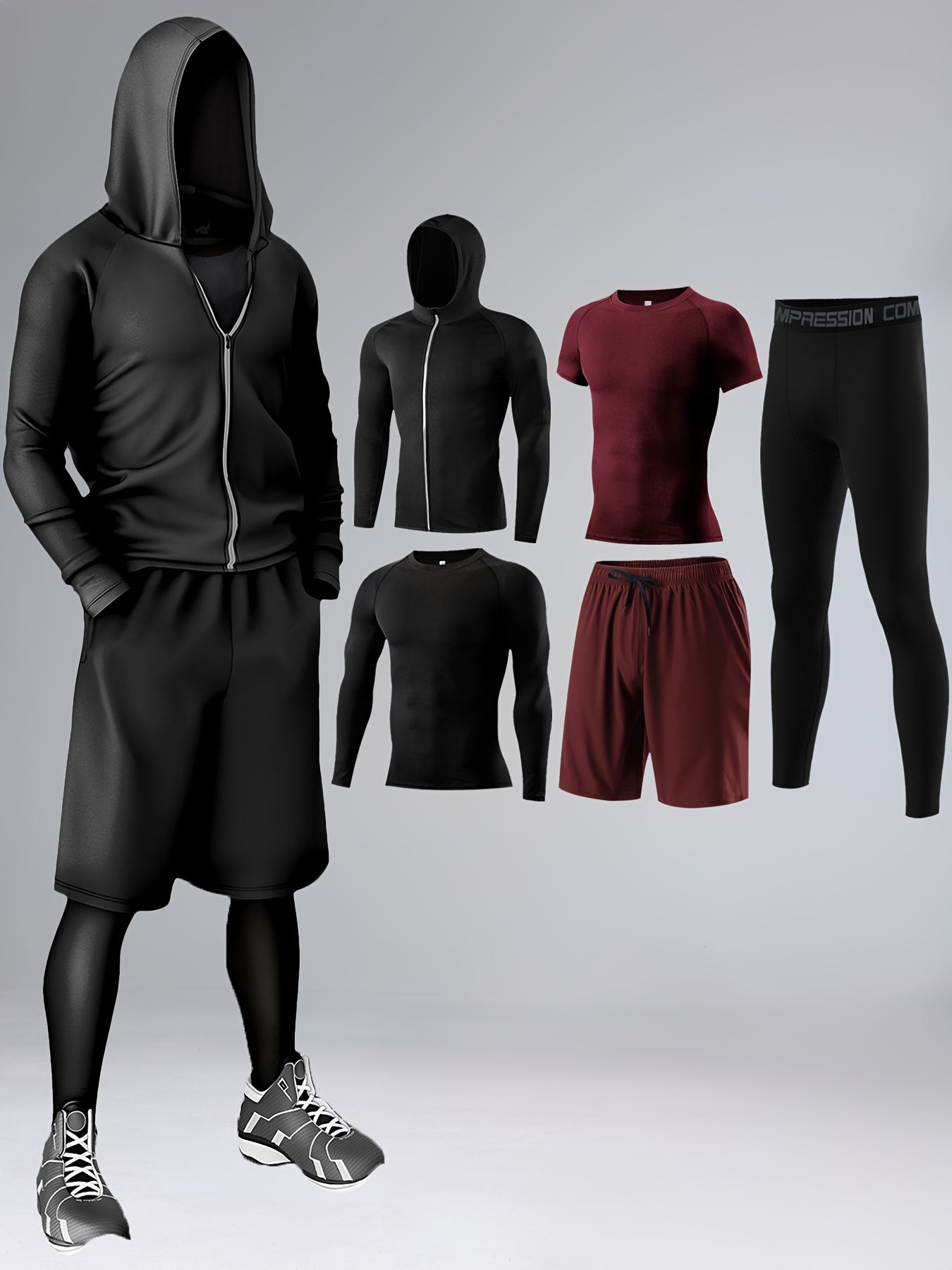 5-Piece Athletic Sportswear Set for Men Quick-Dry Knit Polyester Elastane All-Season