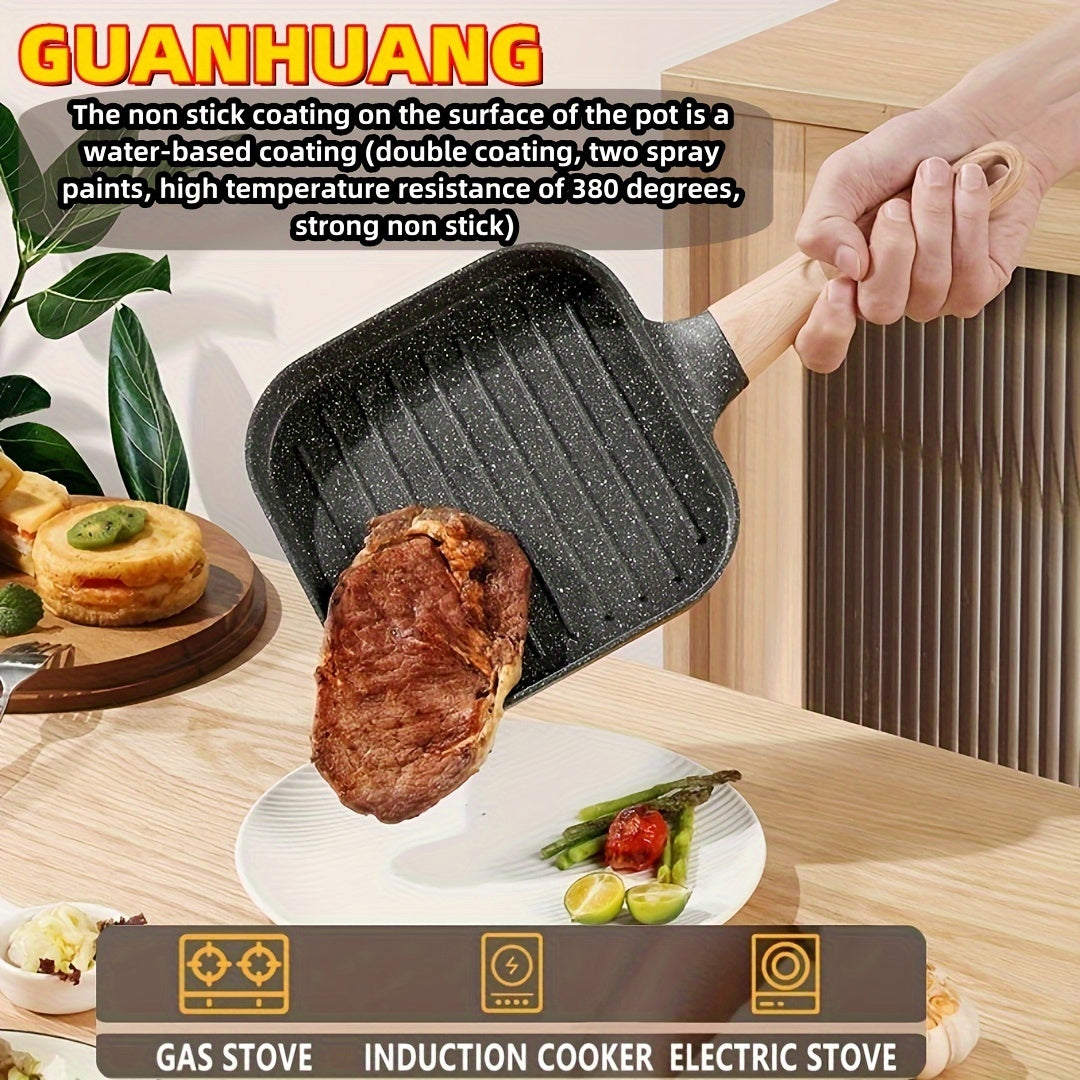 GUANHUANG Qattiqlashmaydigan tuxum va pancake qovurish panosi, yog'och tutqichli, 4-chiqimli pishirgich gaz pechiga va induksiya uchun, tuxum va kolbasa uchun ideal.