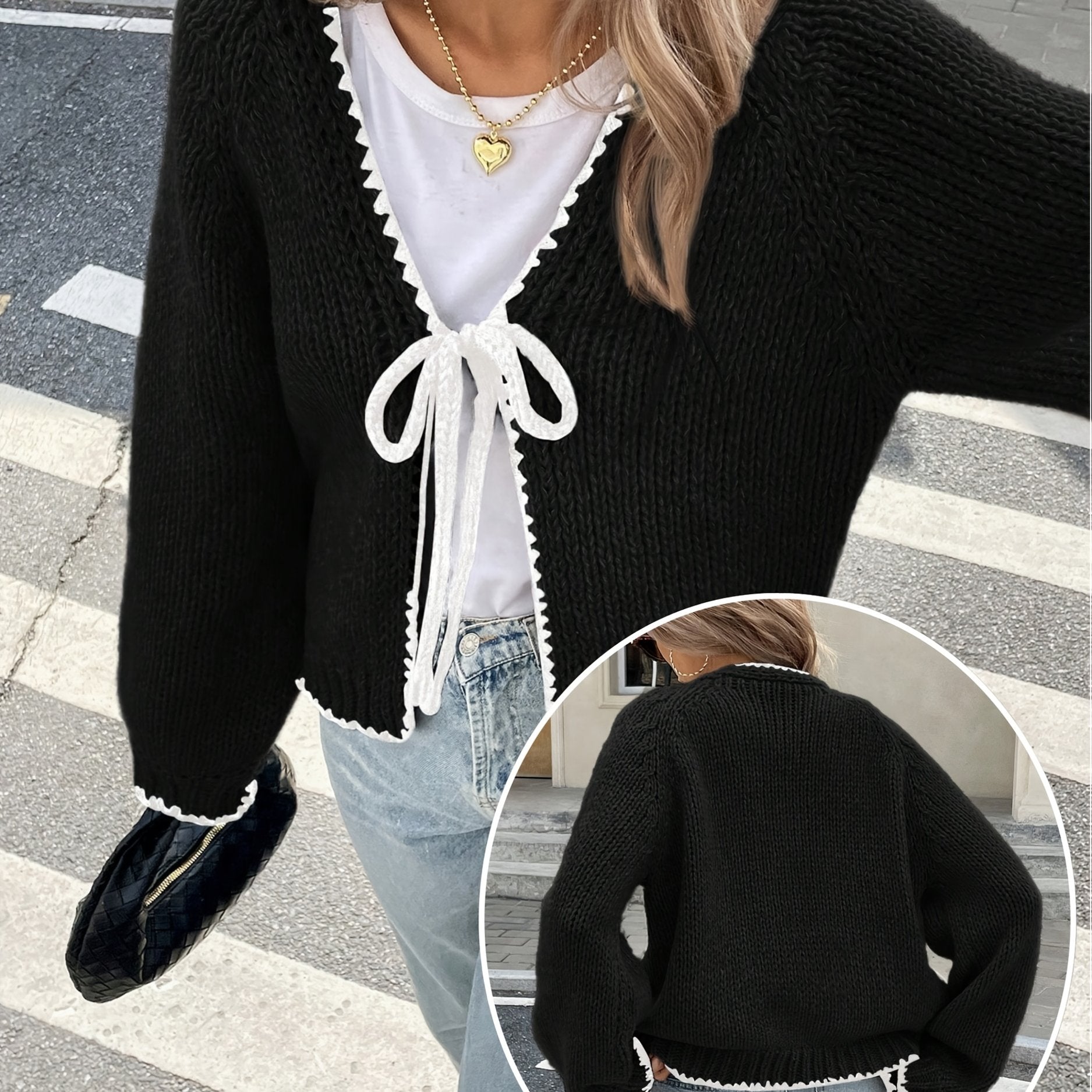 Women's Plus Size Two-Tone Long Sleeve V-Neck Cardigan with Ribbon Tie