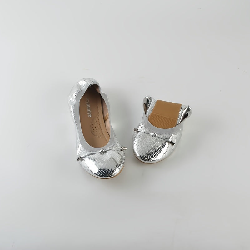 Women's Black Slip-On Ballet Flats with Bow, Round Toe, Ankle Strap