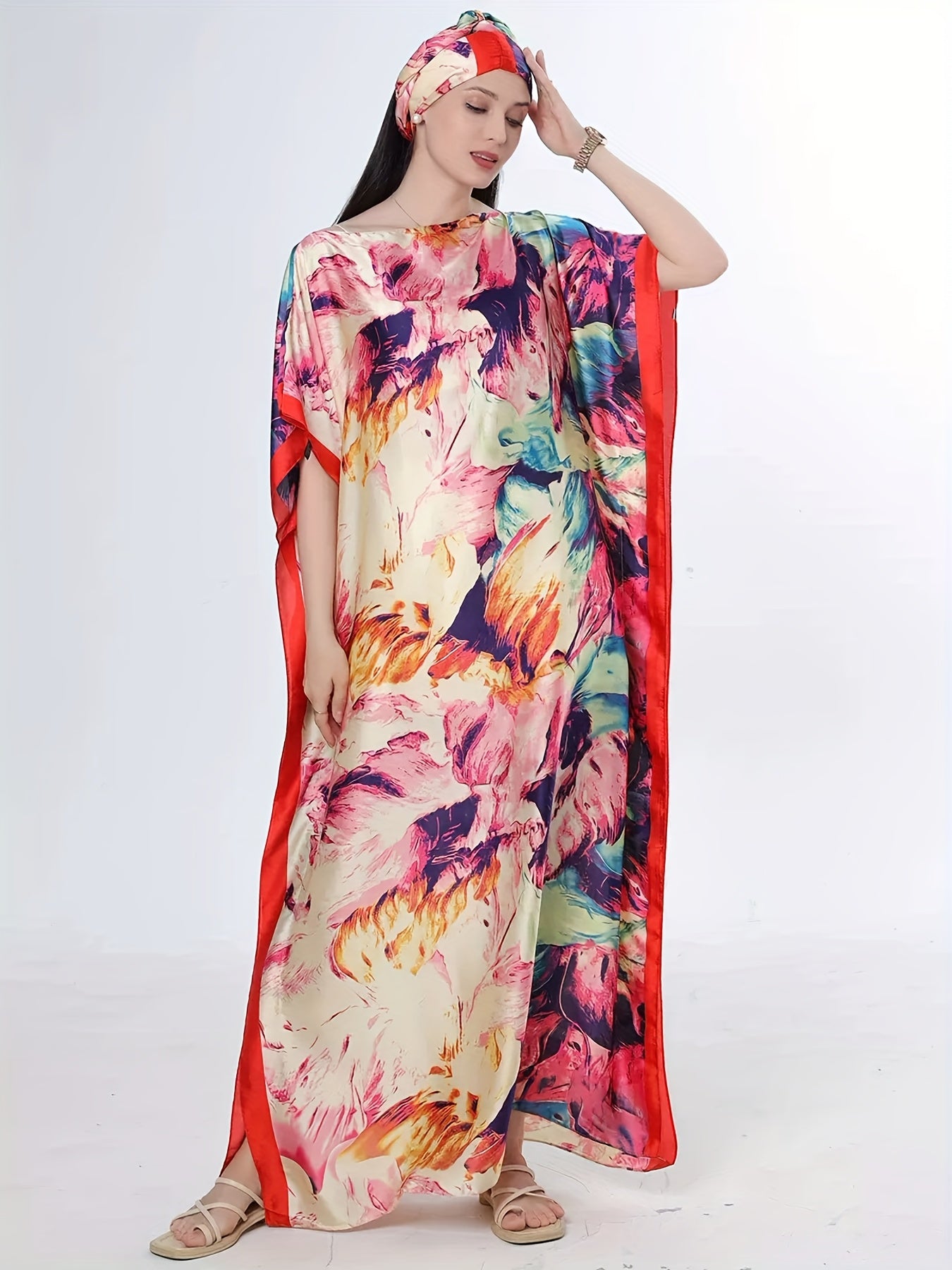 Plus Size Turkish Robe With Scarf Floral Print Batwing Sleeves