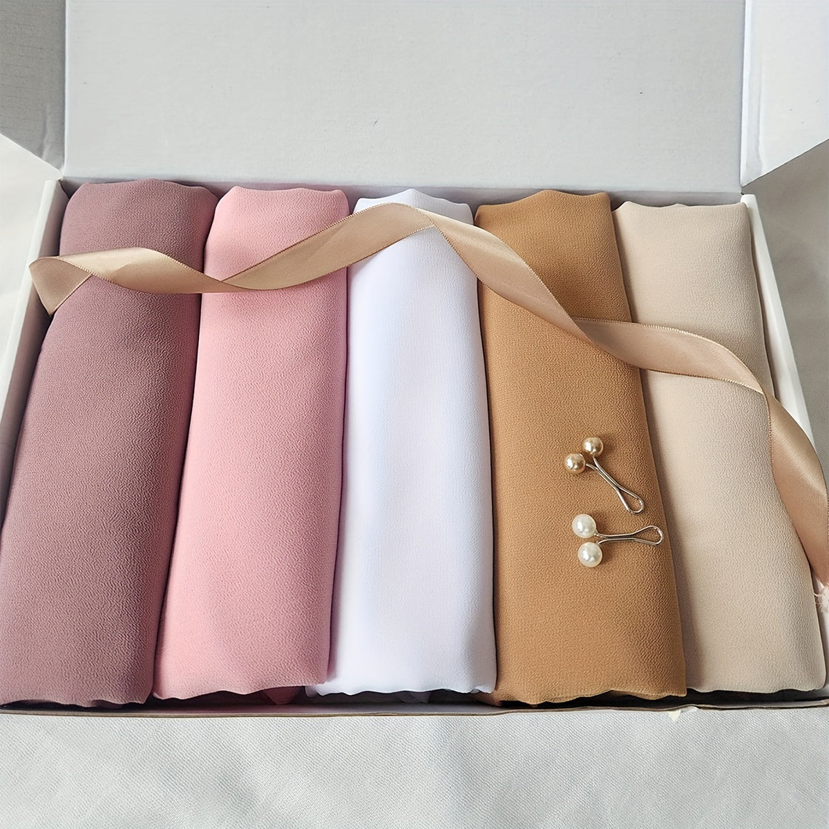 Set of 5 Elegant Chiffon Hijabs with Faux Pearl Pins for Valentine's and Mother's Day
