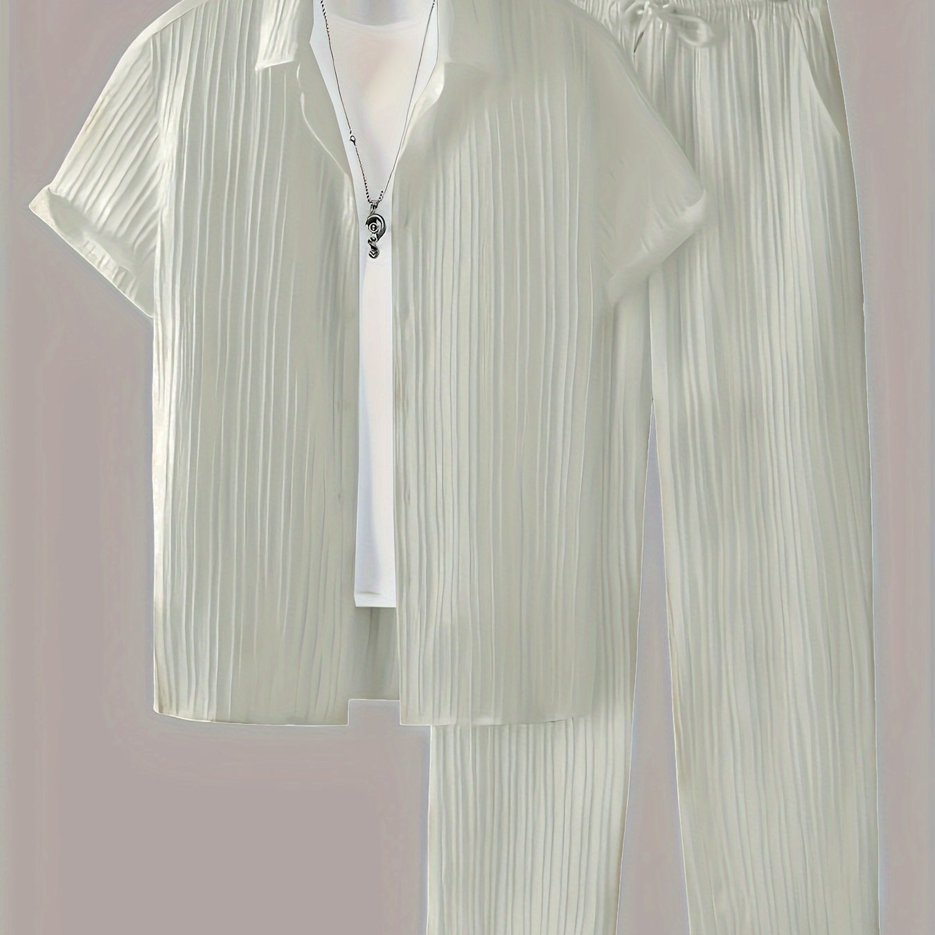 Men's Casual Set Polyester Striped Shirt with Buttons and Drawstring Pants