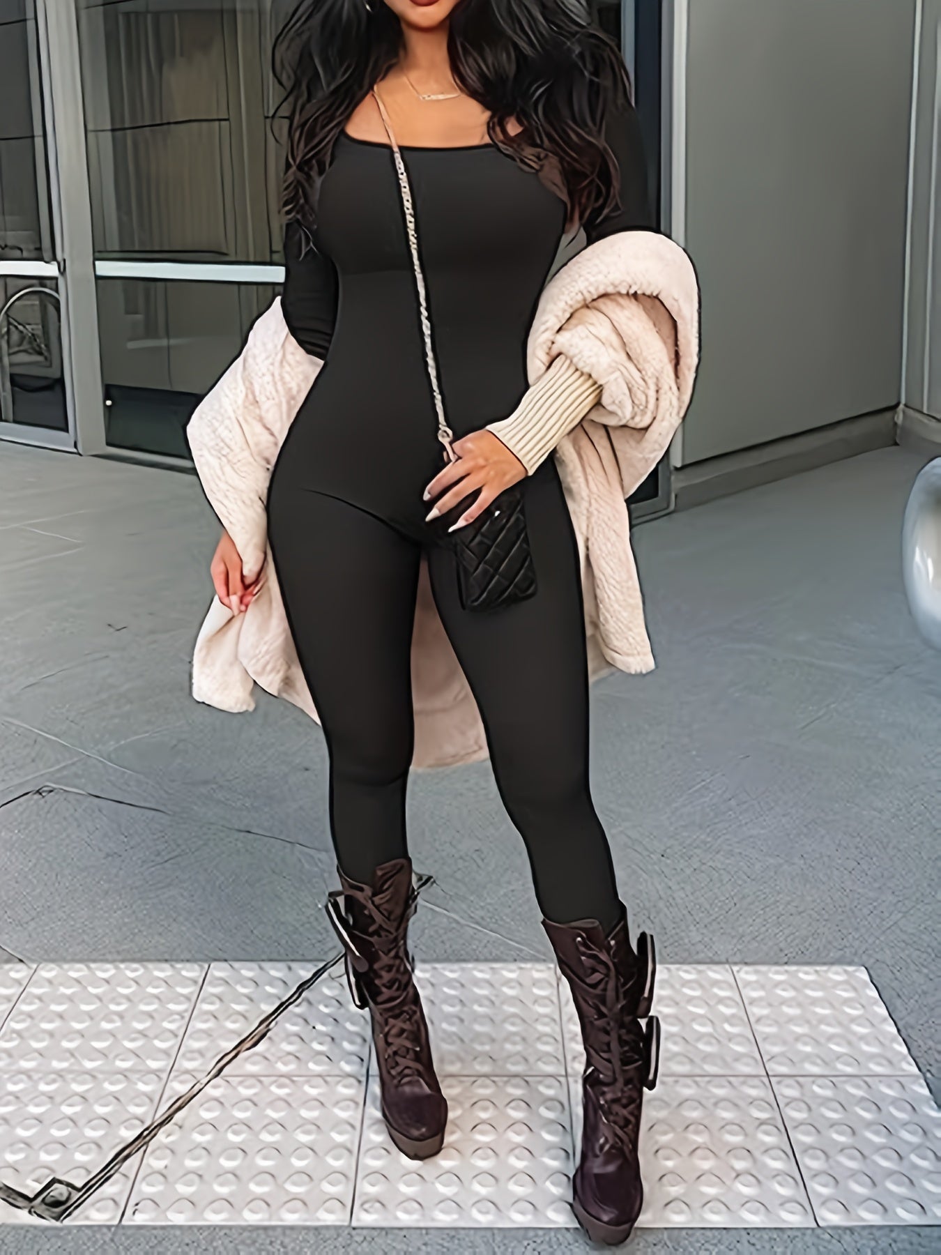 Seamless Body Shaping Jumpsuit for Women Long Sleeve Slimming Shapewear Solid Black