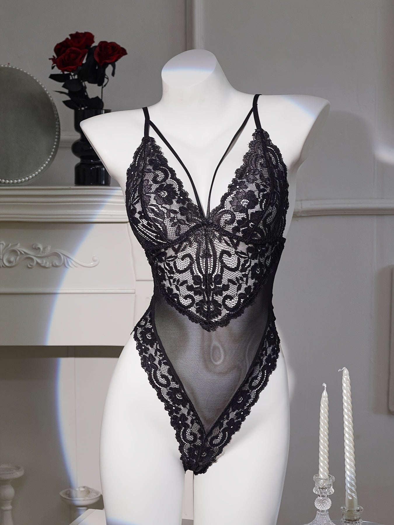 Women's Lace Bodysuit Sheer Mesh Low Support Nylon Spandex Lingerie