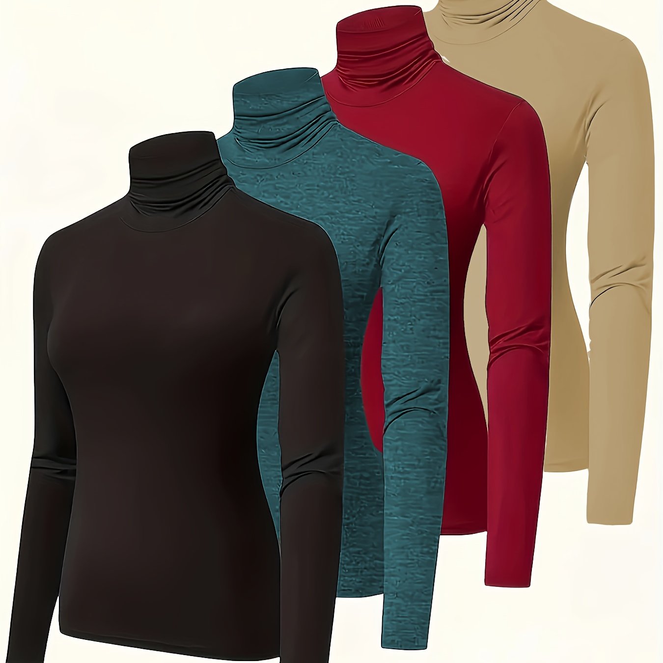 Plus Size Women Solid Color High Neck T-Shirt Long Sleeve Casual Top