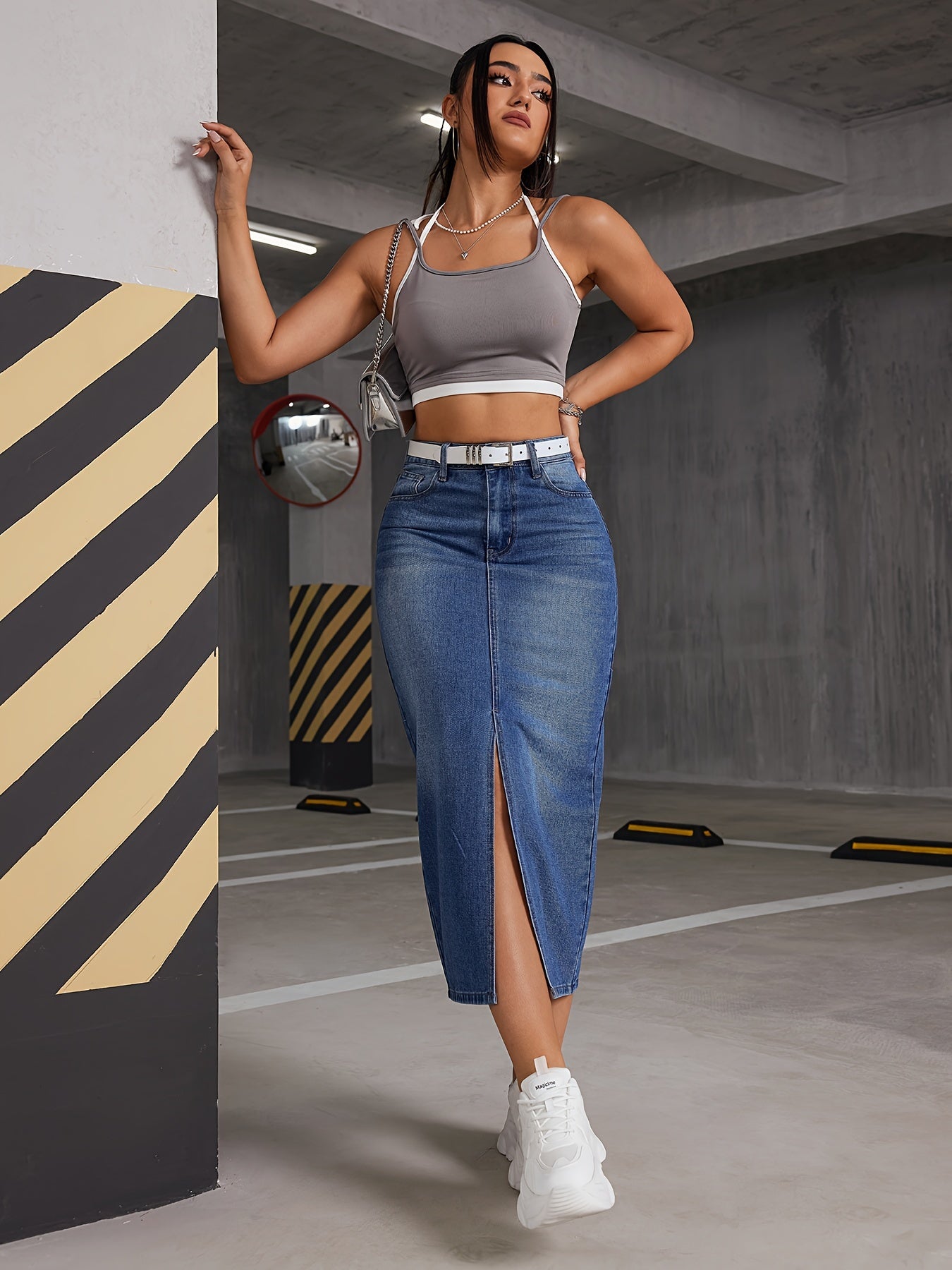 Falda midi de mezclilla para mujer con dobladillo con abertura, de talle alto, línea A, casual, primavera, verano, otoño