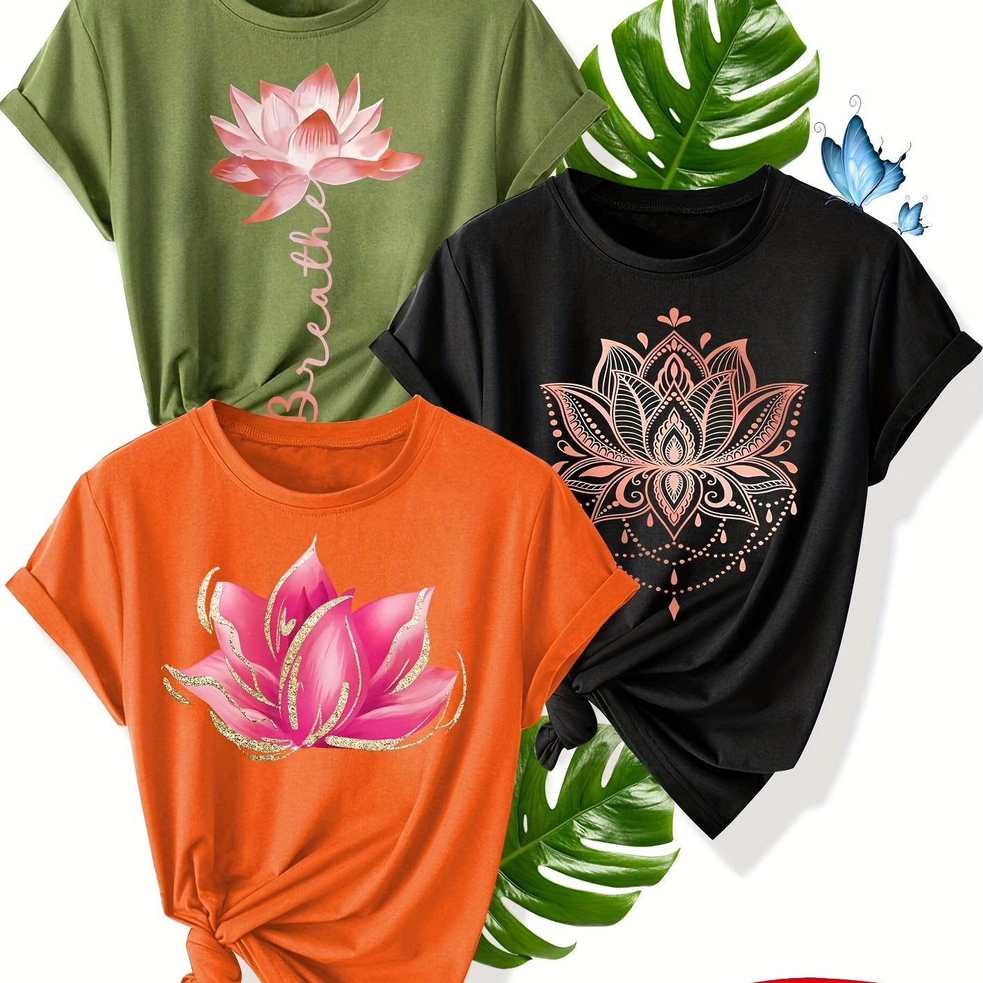 Conjunto de camisetas con estampado floral para mujer, pack de 3, poliéster transpirable, verano casual