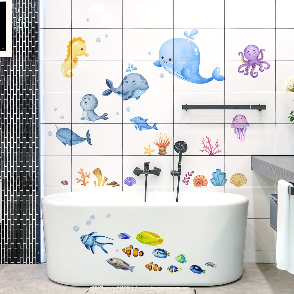 O'g'il bolalar xonasi, hammom va vannalar uchun okean mavzusidagi devor stikerlari - oson yirtiladigan va yopishtiriladigan PVC stikerlar.