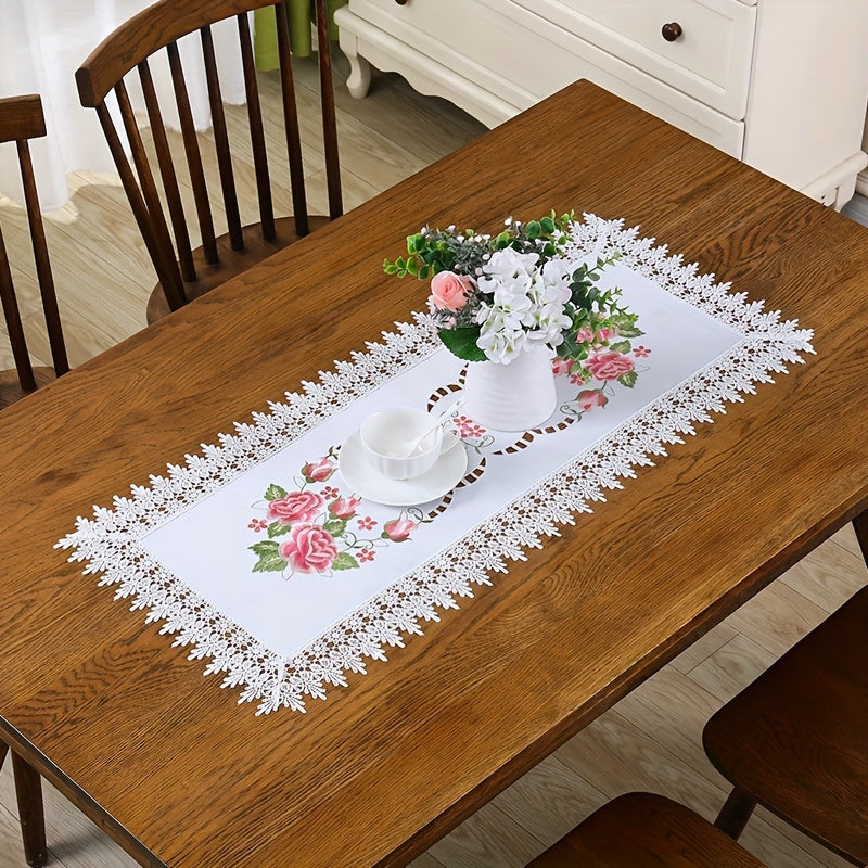 Camino de mesa floral rosa bordado a mano con encaje para cenas y días festivos