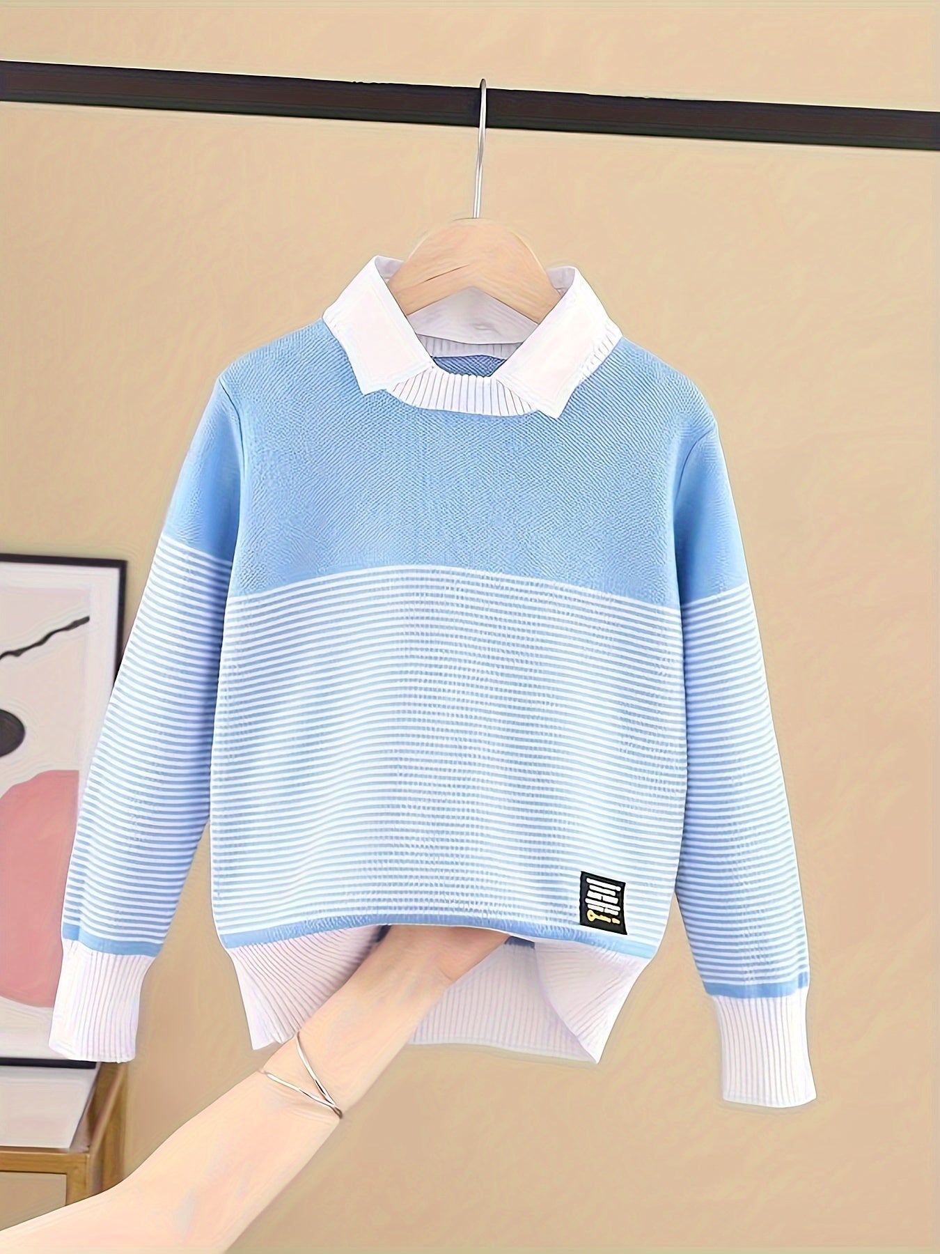 Boy's Knit Pullover Long Sleeve Stripes Crew Neck Spring Fall Medium Stretch