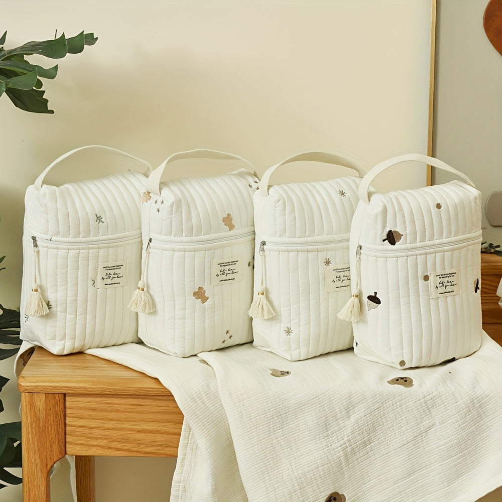 Cotton Diaper Bag with Embroidery for Baby Stroller and Mother Storage