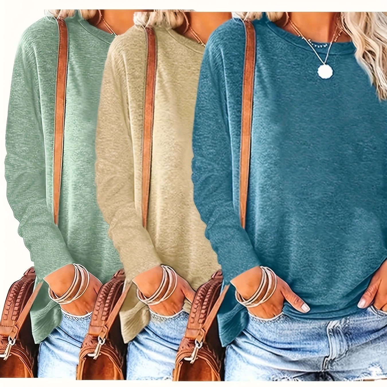 Women's Long Sleeve Round Neck Tops Set Cotton Casual Shirts for Spring Fall