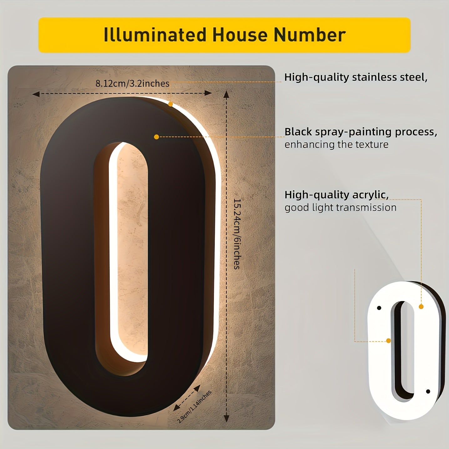 6-Inch Stainless Steel LED House Number Sign Wall Mount Modern Minimalist Address Plate
