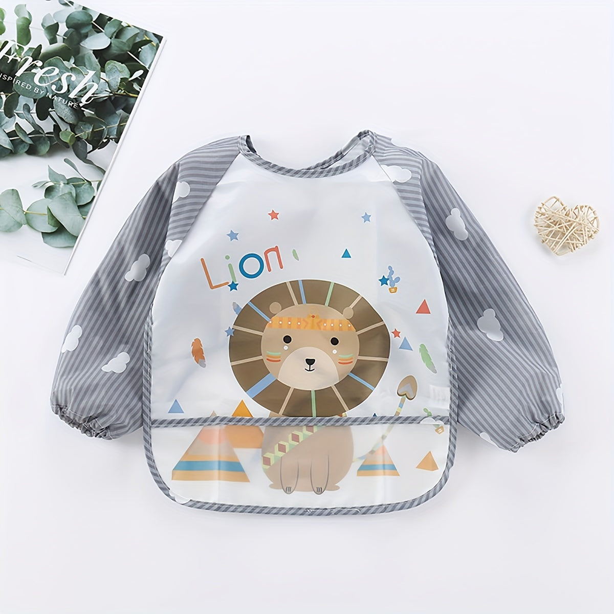 Waterproof Long-Sleeve Feeding Bib for Kids Grey Polyester Fiber