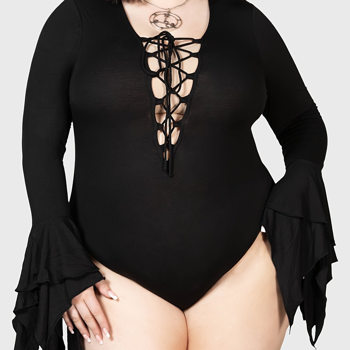 Women's Plus Size Lace Up Front Bodysuit with Asymmetrical Cuffs