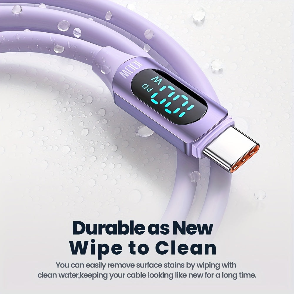 100W USB-C Fast Charging Cable with Digital Display Flat Silicone Matte Data Transfer