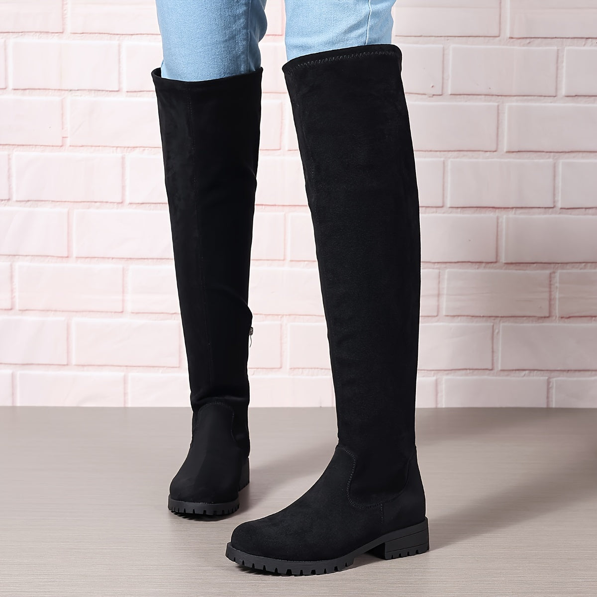 Women's Solid Color Chunky Heel Over The Knee Boots With Side Zipper