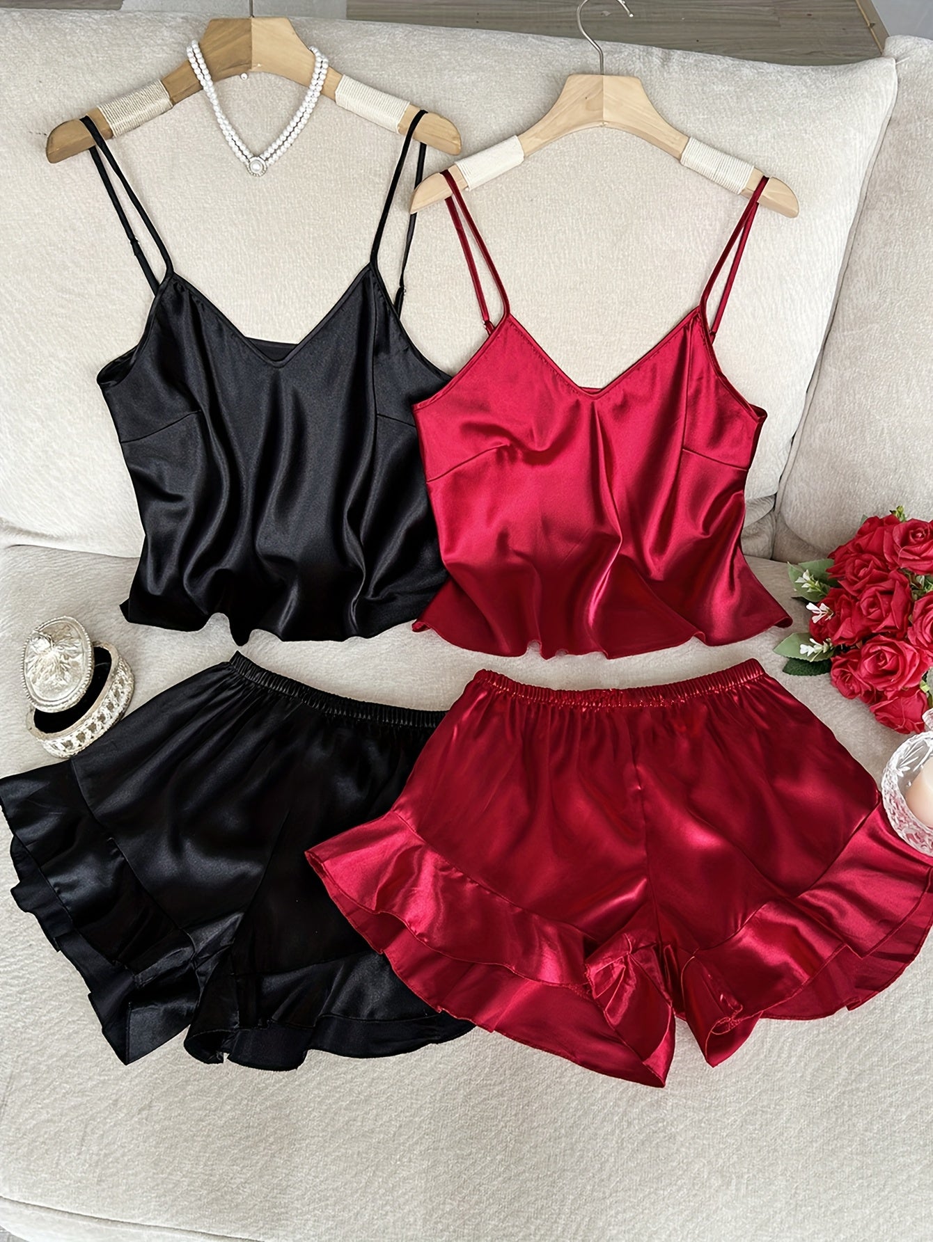 Plus Size Satin Camisole with Ruffled Shorts Sleepwear Set for Women