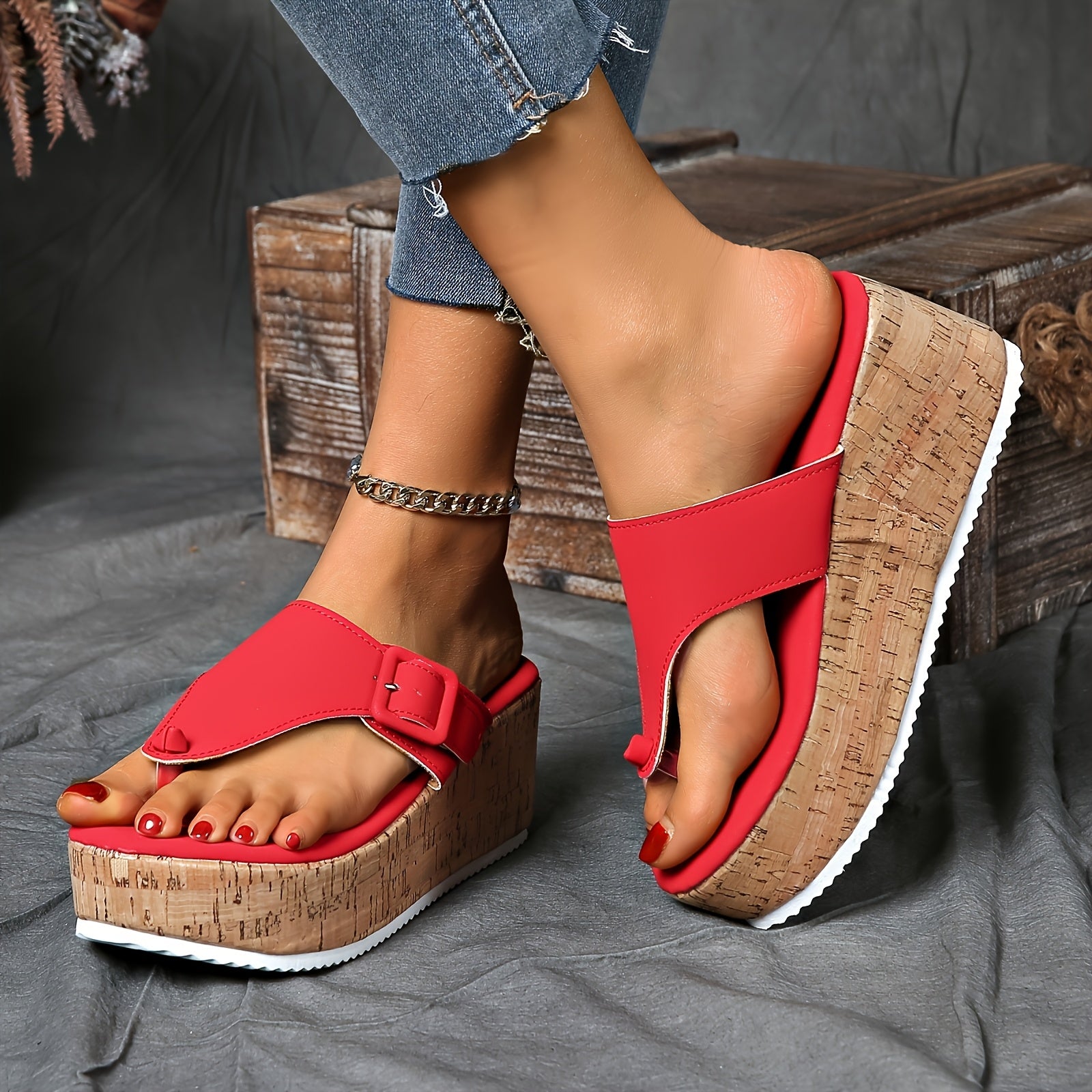 Women's Casual Wedge Heel Sandals with Flip Flop Strap and Solid Color