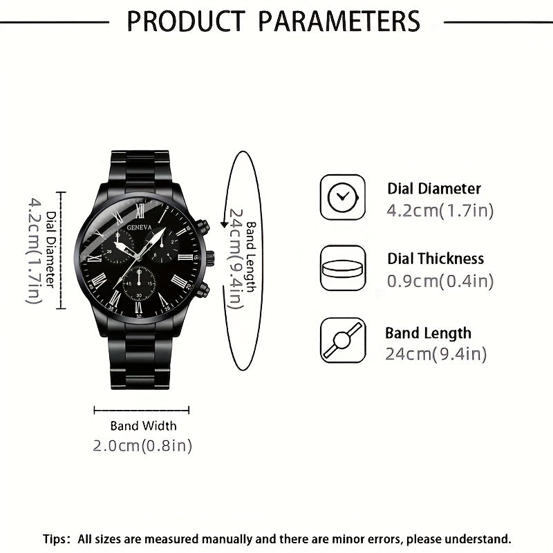 Men's Stainless Steel Business Watch Set with Quartz Dial Necklace Bracelet Ring