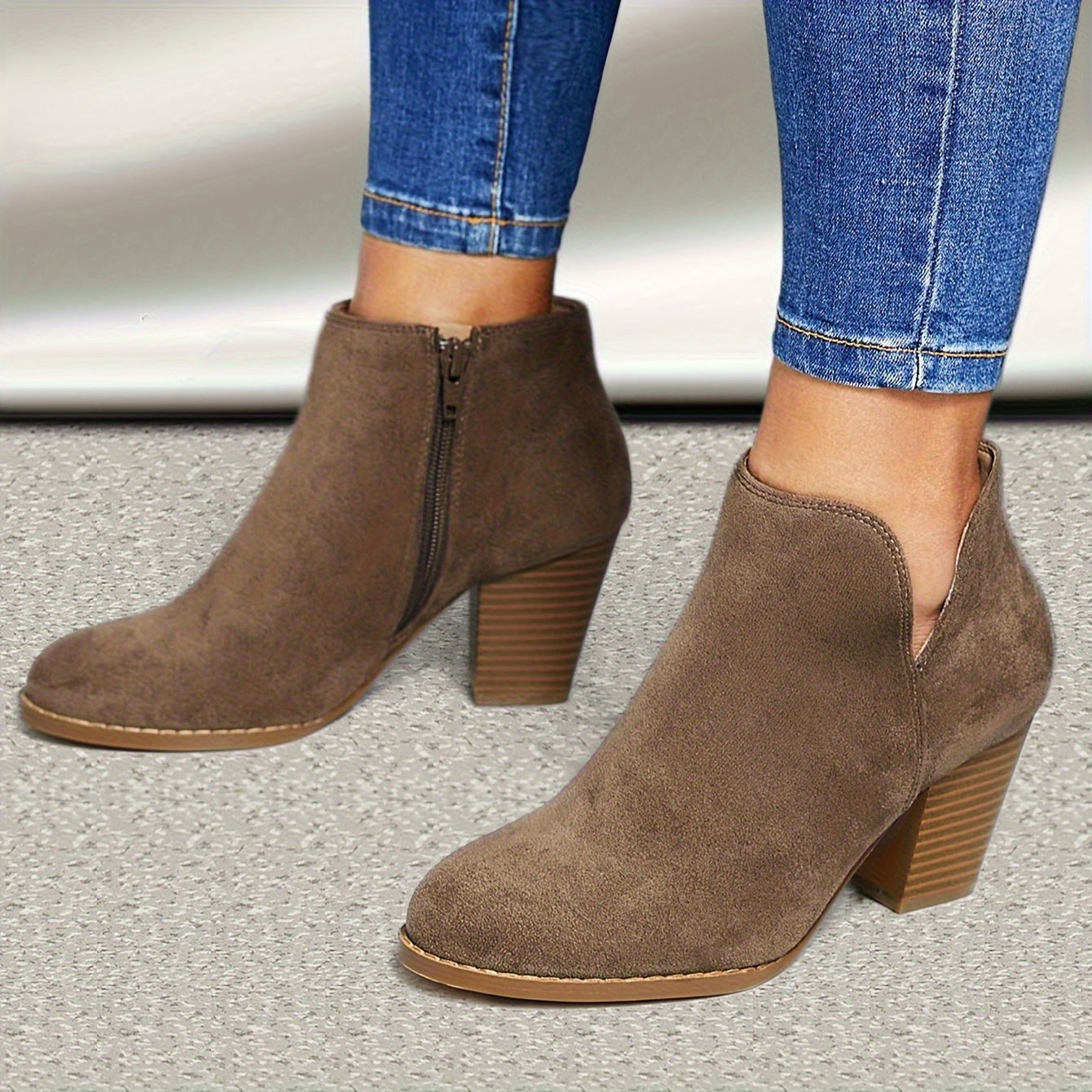 Women's Ankle Boots With Zipper Closure, High Block Heels, PU Lined