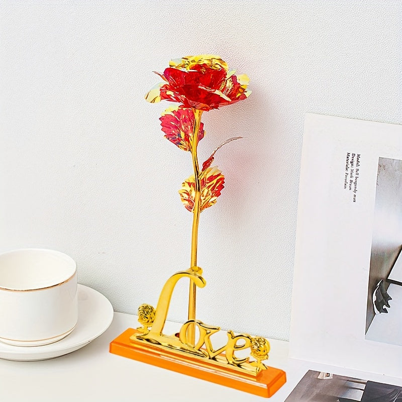 Juego de 2 rosas de oro artificial con base de amor arcoíris y rosas galaxia