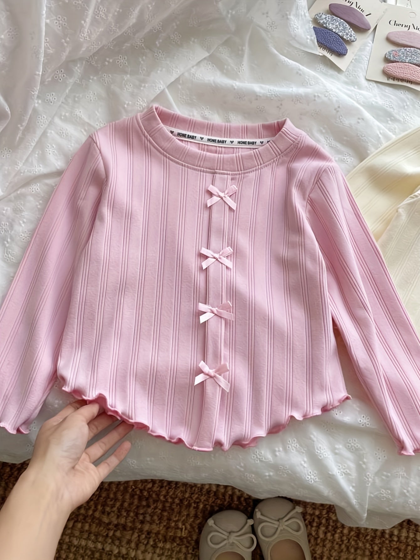 Girls Long Sleeve Knit T-Shirt with Bow Detail for Casual Wear and Outdoor Play