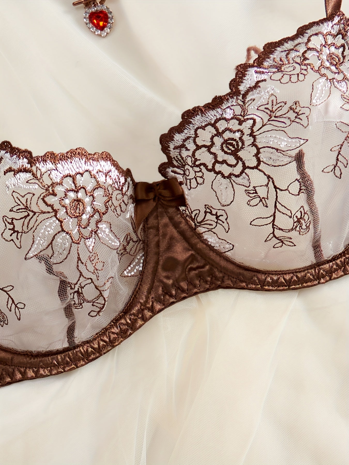 Women's Satin Floral Embroidered Lingerie Set with Plunge Bra and Thong