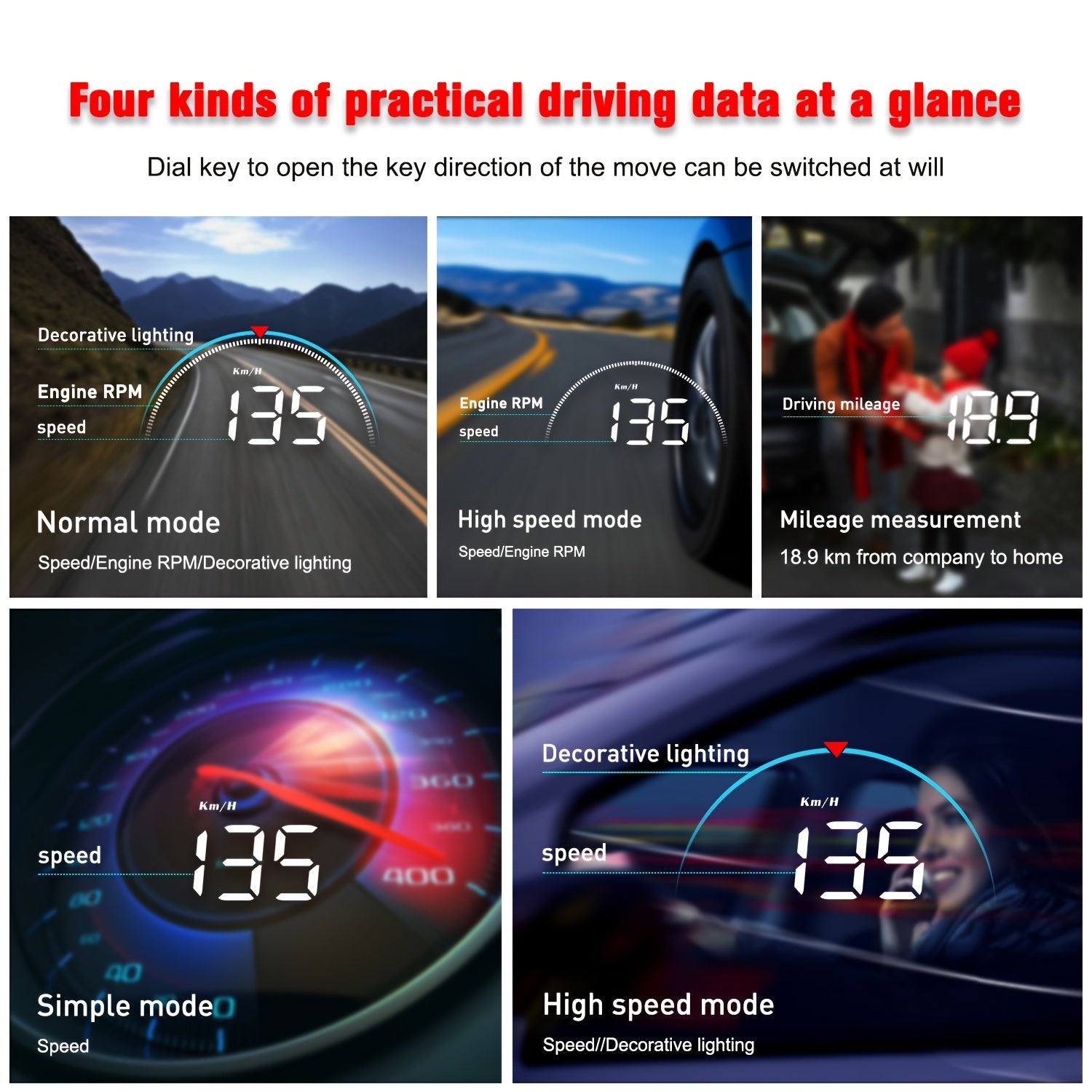 Car Heads-Up Display HD Portable Projector for Vehicles Speed Temperature Alarm