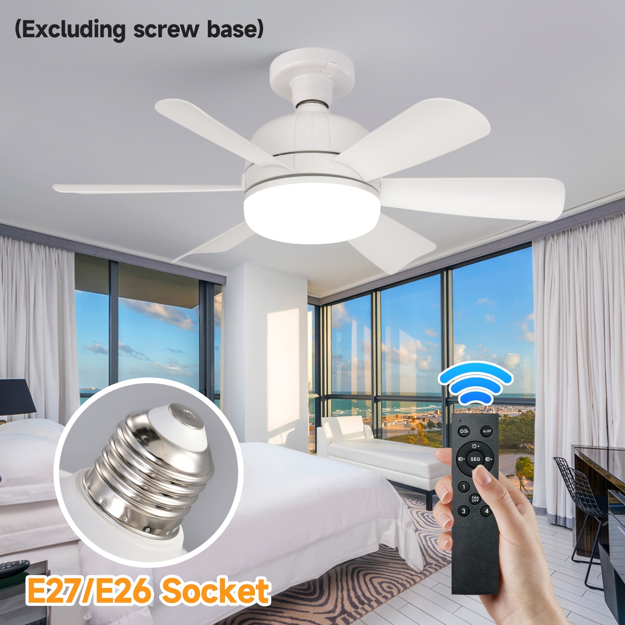 E27/E26 Small Ceiling Fan Light with 6 Blades Dimmable Quiet 4-Speed