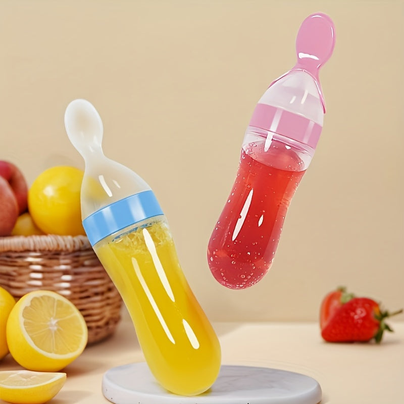 Silicone Baby Feeding Bottle with Spoon for Food and Medicine Dispensing 0+ Blue Green Pink