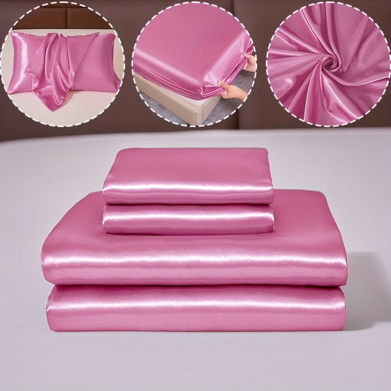 100% Polyester Satin to'plami, bitta varaq va ikkita yostiq qopqog'idan iborat (yadro yo'q). Teriga do'st, yumshoq va ipakdek matodan tayyorlangan, talabalar yotoqxonalari yoki kundalik uy to'shagi uchun mukammal. Yil davomida matrasni himoya qiladi va