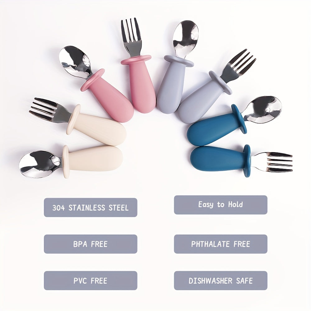 Kids Mealtime Set BPA-Free Silicone Spoon Fork Stainless Steel Personalizable Gift