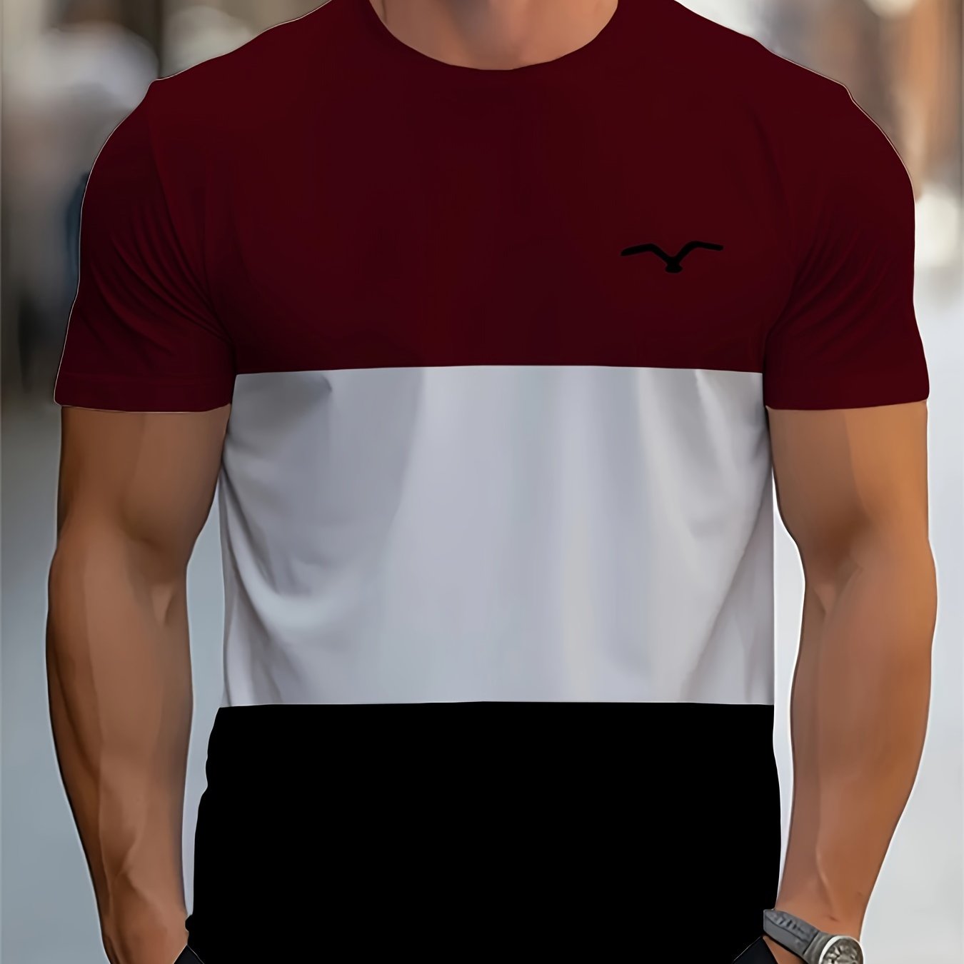 Erkaklar uchun Rangli Blokli Yuqori Bo'yinli Qisqa Yengli T-Shirt - Tasodifiy Yozgi Sport Taqimi, Polyester To'qima, Katta Uniseks, Yoz uchun Yupqa Versiya