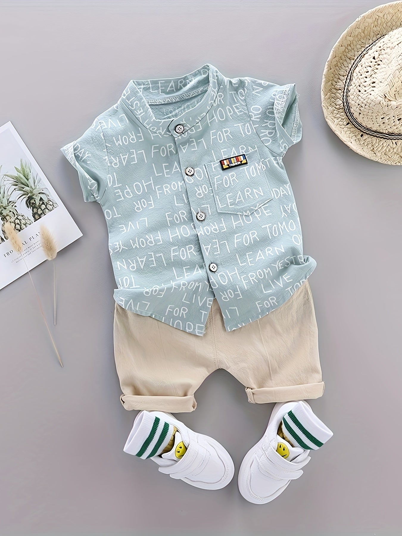 Kids Boys Summer Short-Sleeve Shirt and Shorts Set with Collar Alphabet Pattern Casual Clothing