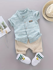 Kids Boys Summer Short-Sleeve Shirt and Shorts Set with Collar Alphabet Pattern Casual Clothing