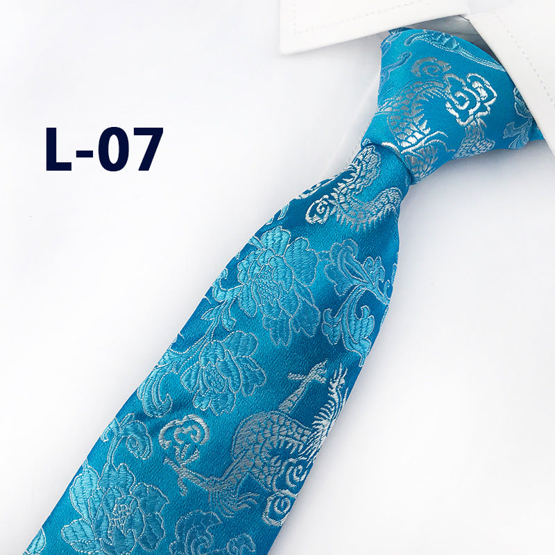 Men's Silk Tie with Hand-Embroidered Chinese Dragon and Peony Design