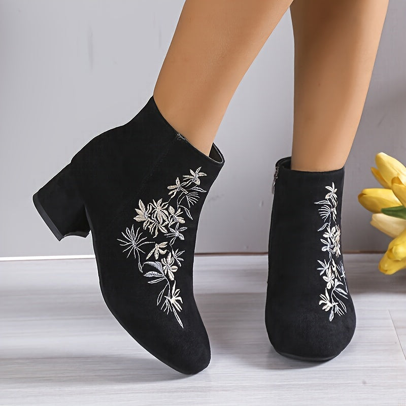 Women's Flower Pattern Chunky Heel Ankle Boots Square Toe Zipper