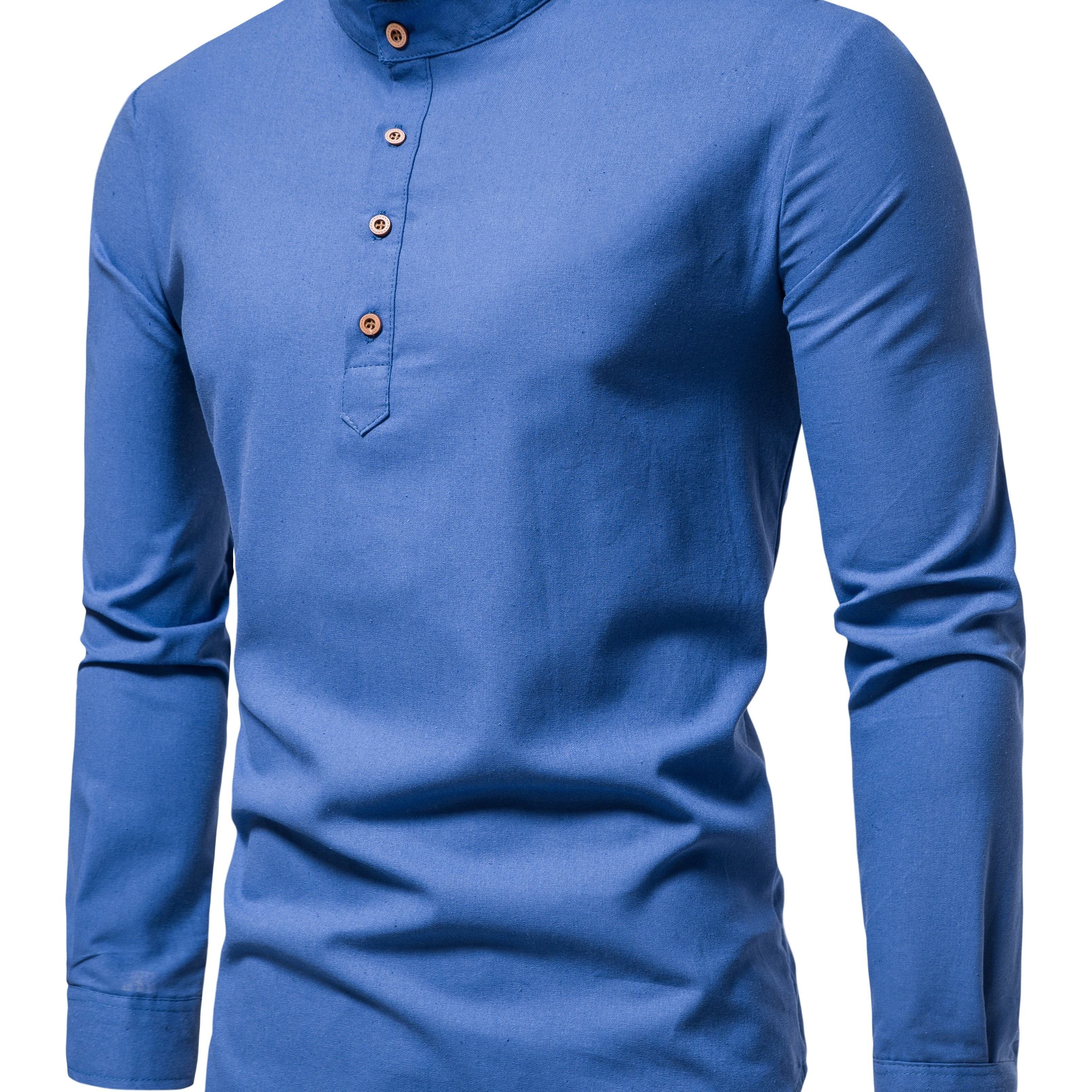 Men's Cotton Solid Long Sleeve Stand Collar Shirt for Summer Outdoor Activities