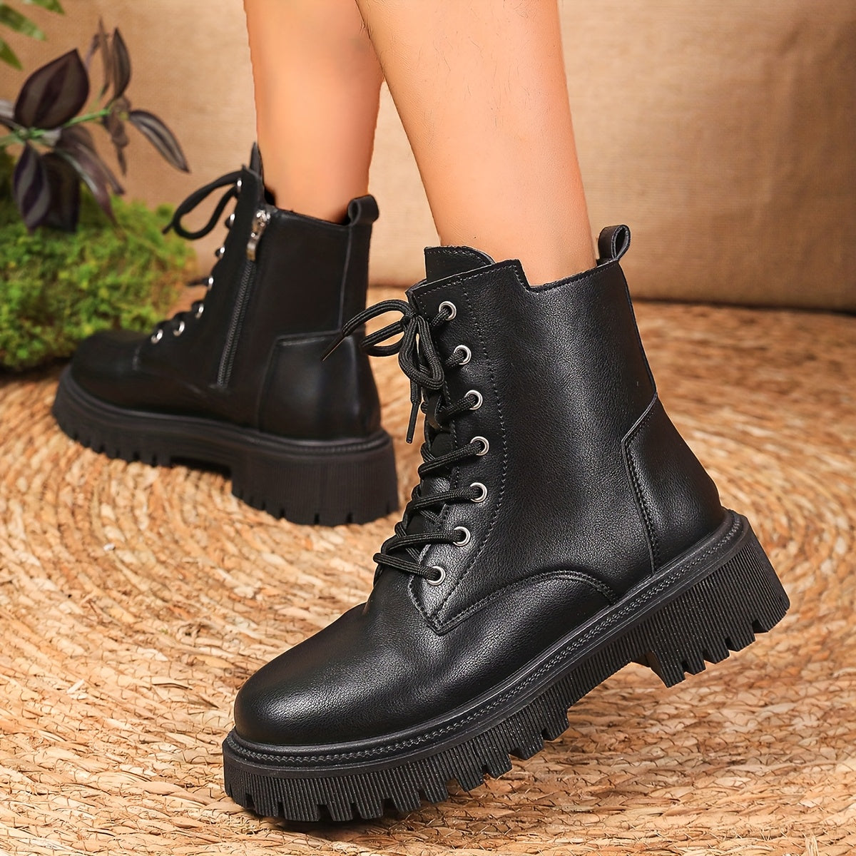 Women Black Platform Combat Boots Lettte Ankle Lace-Up Round Toe