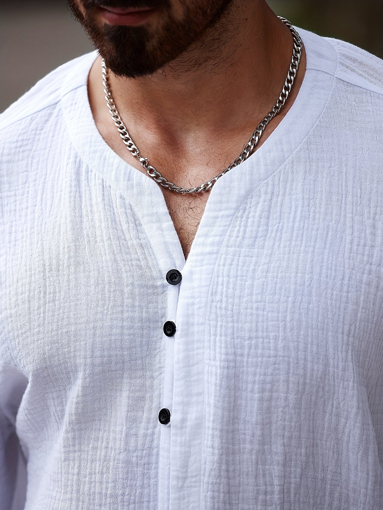 Men's Cotton Casual Shirt Large Crew Neck Solid Color Spring Fall