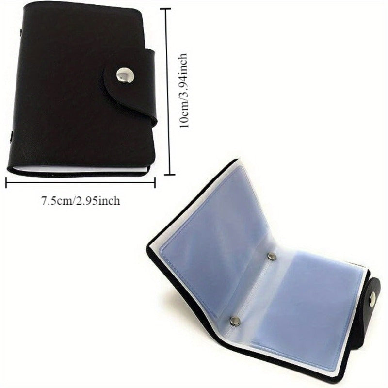 Two-Layer Cowhide Leather Card Wallet with 24 Slots and Snap Closure