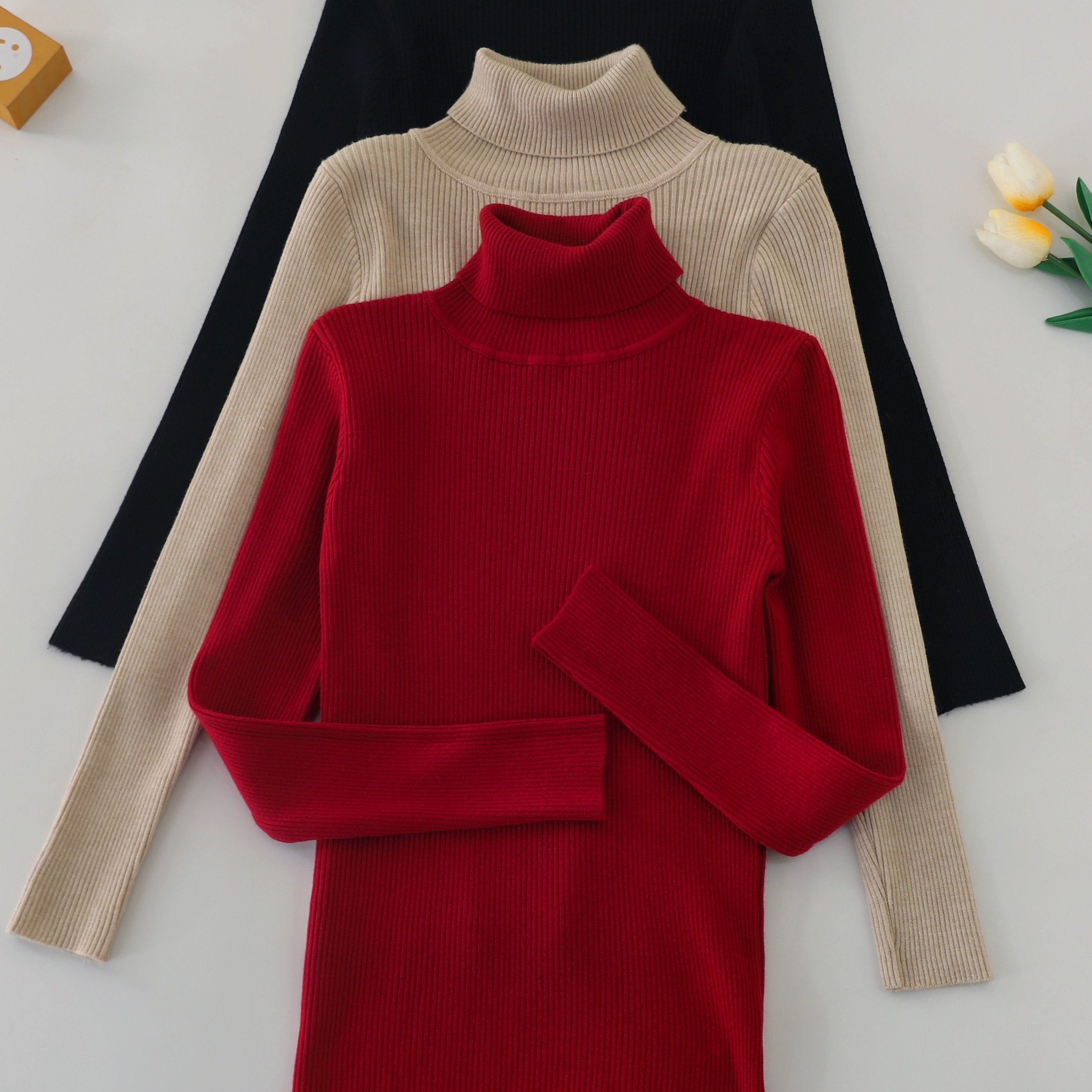 Conjunto de 3 suéteres de cuello alto de punto en color sólido para mujer otoño e invierno