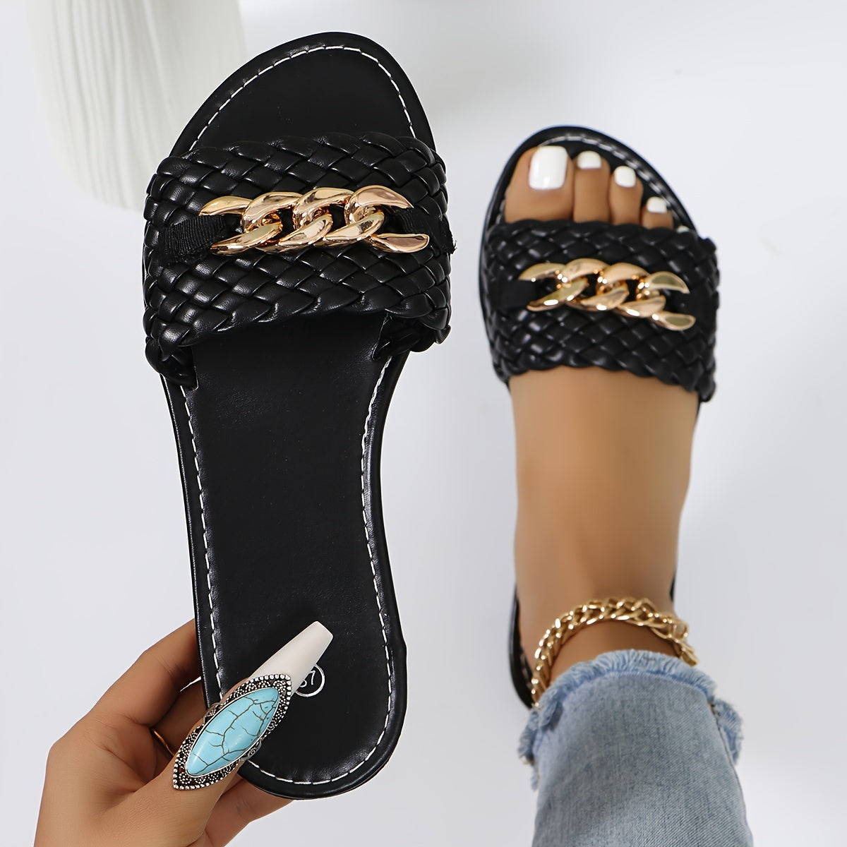 Women's Leather Slide Sandals With Chain Decor Open Toe Summer Flats