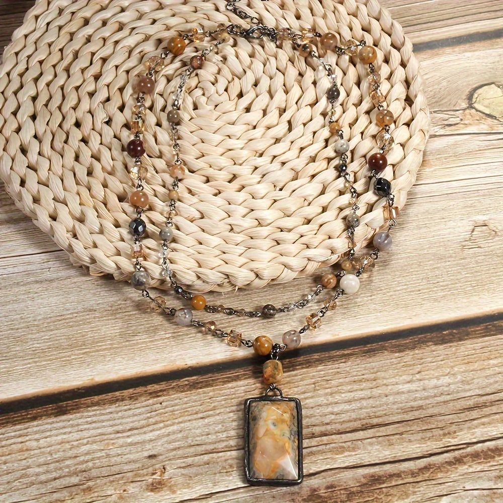 Layered Stone Necklace for Women Boho 2-Tier Natural Gemstones Glass Beads Black Chain