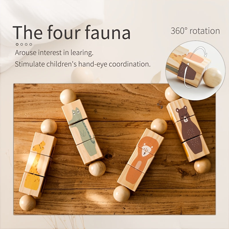 Yog‘och bolalar o‘yinchoqlari hayvon shakli moslashtirish pazzli, shovqin va aylanadigan funksiyalar bilan