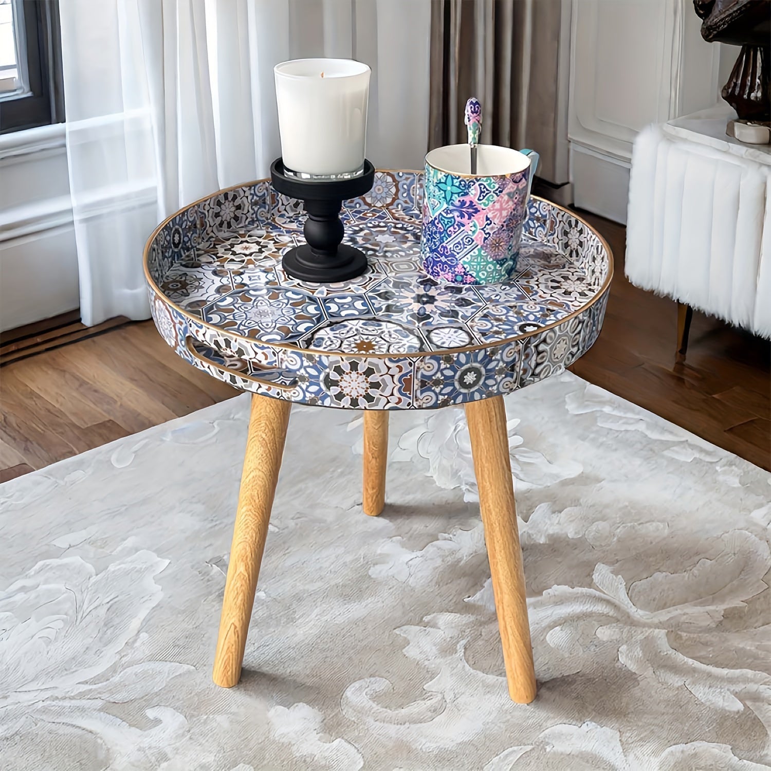 Mesa de café de estilo bohemio con patas de madera para sala de estar o dormitorio