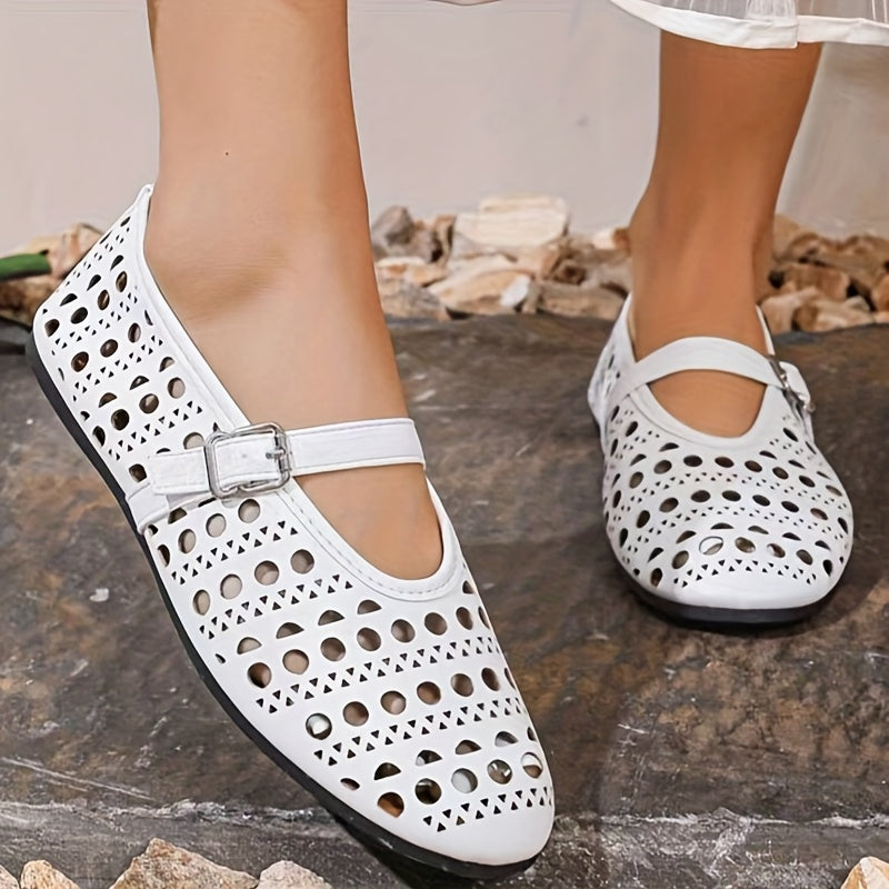 Women Breathable White Mary Jane Flats with Buckle Non-Slip Sole