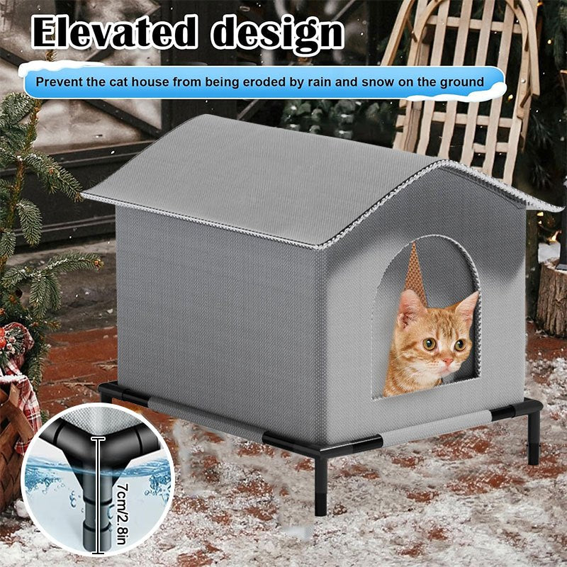 Outdoor Cat House Oxford Cloth Insulated Weatherproof Shelter with Raised Stand and Double-Sided Mat